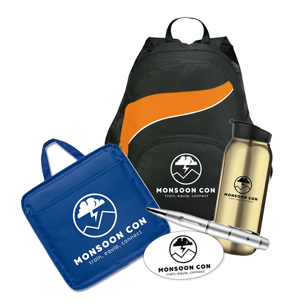 Branded backpack, seat cushion, water bottle, USB pen, and sticker